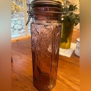 Vintage Crownford Italian Amethyst toned Glass Canister | Floral Motif Clamp Lid
